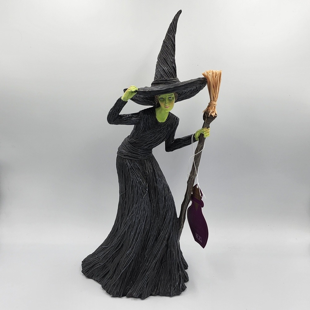 Green Wicked Witch With Broom Broomstick Figurine Halloween Prop Decor 16"